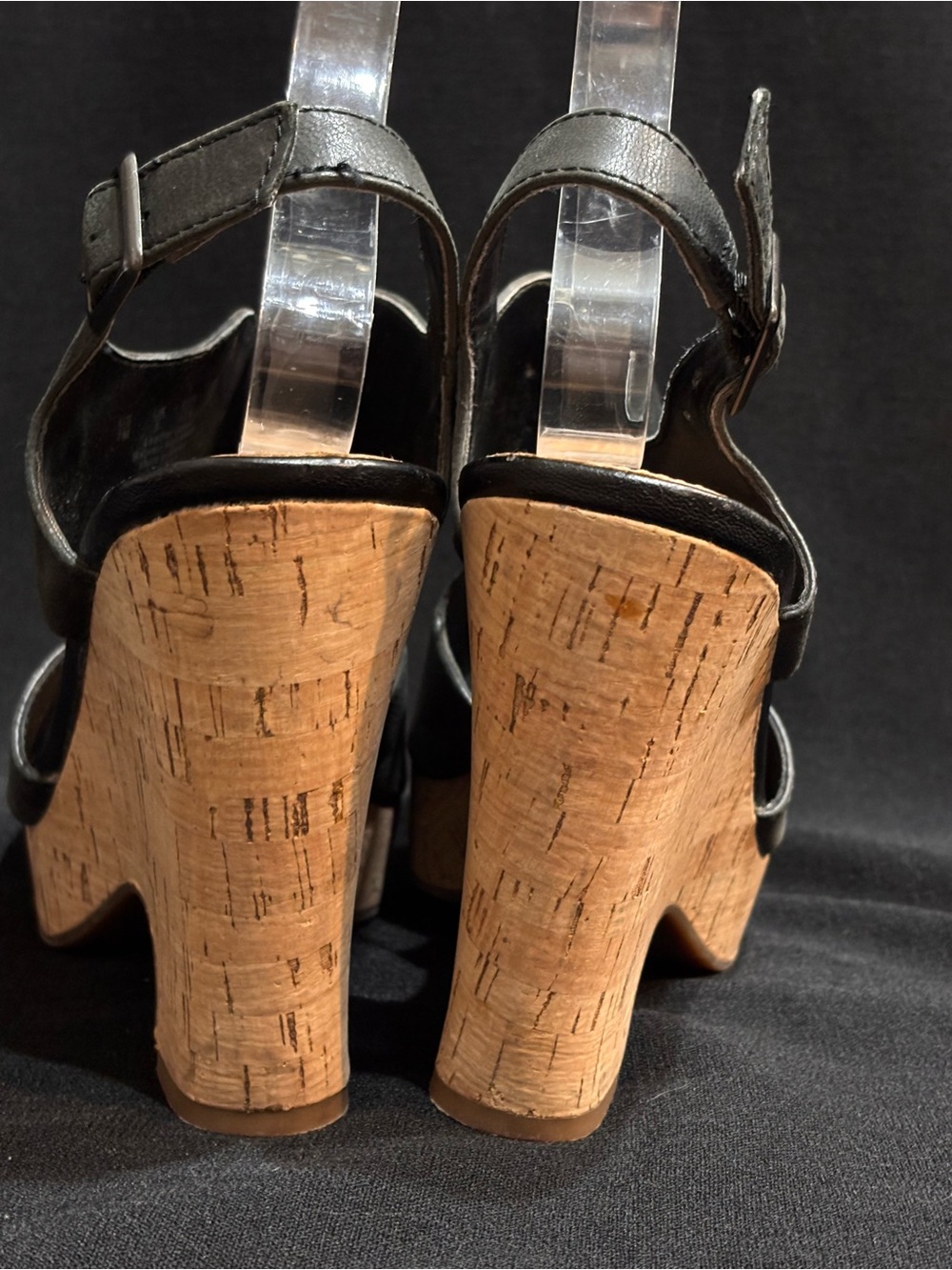 Franco Sarto Black Leather Wedge Sandals Peep Toe Cork Platform Heel Size 7 - Picture 6 of 11